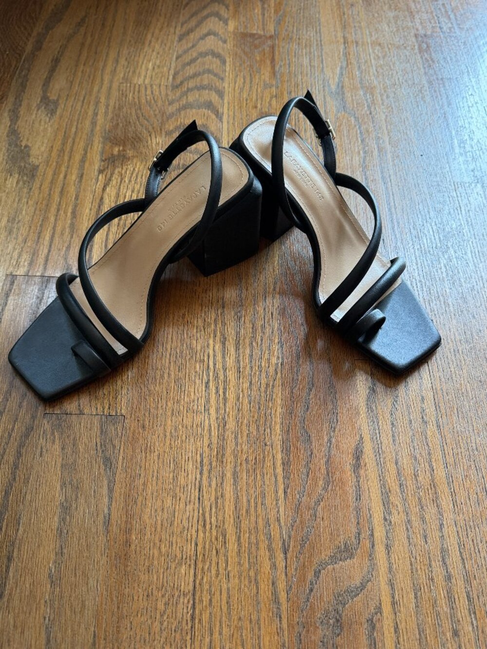 Lafayette 148 NY Black Leather Strappy Block Heel Sandals Square Toe